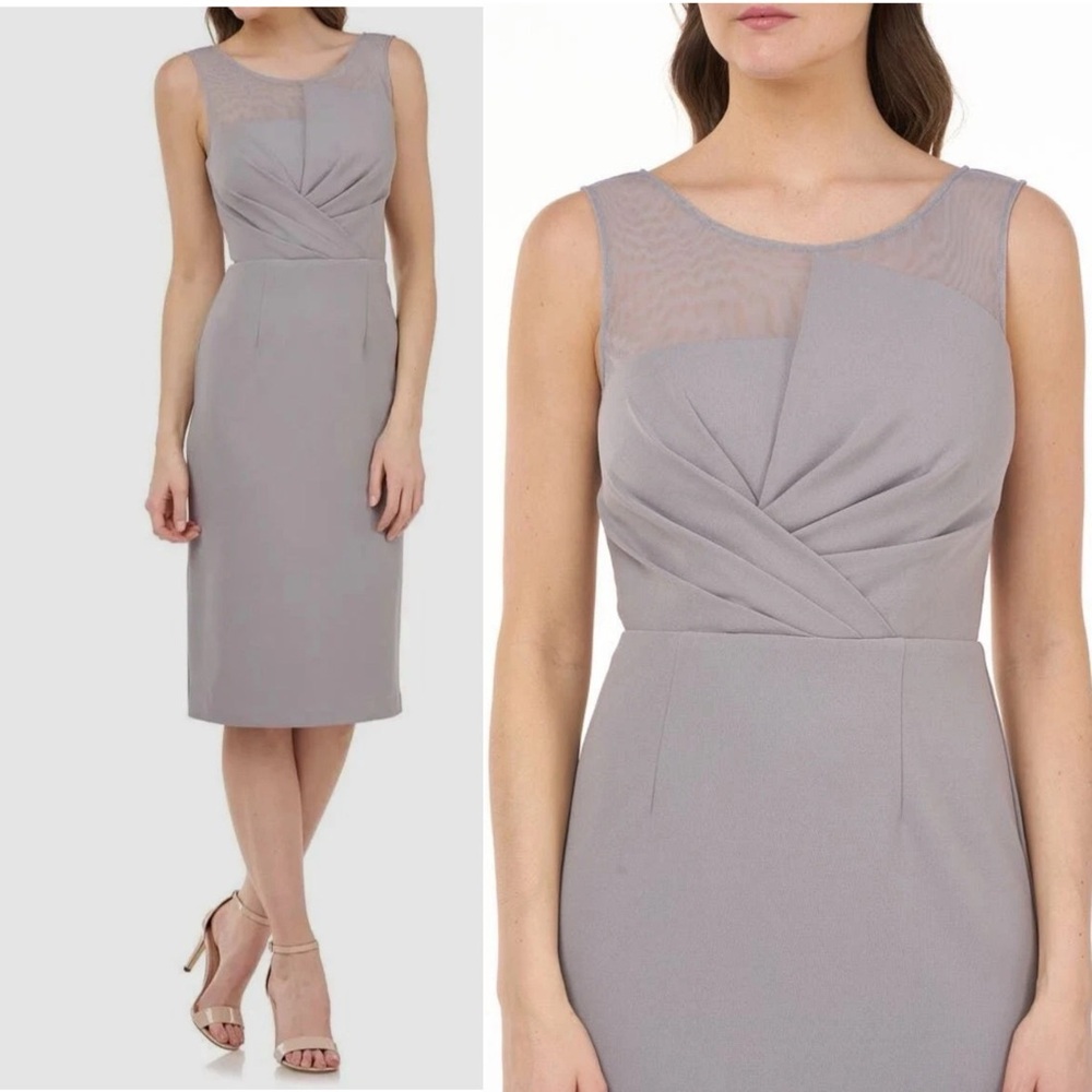 NEW JS Collections Grey Illusion Yoke Pleat Cocktail Dress‎ With Stretch Size 12